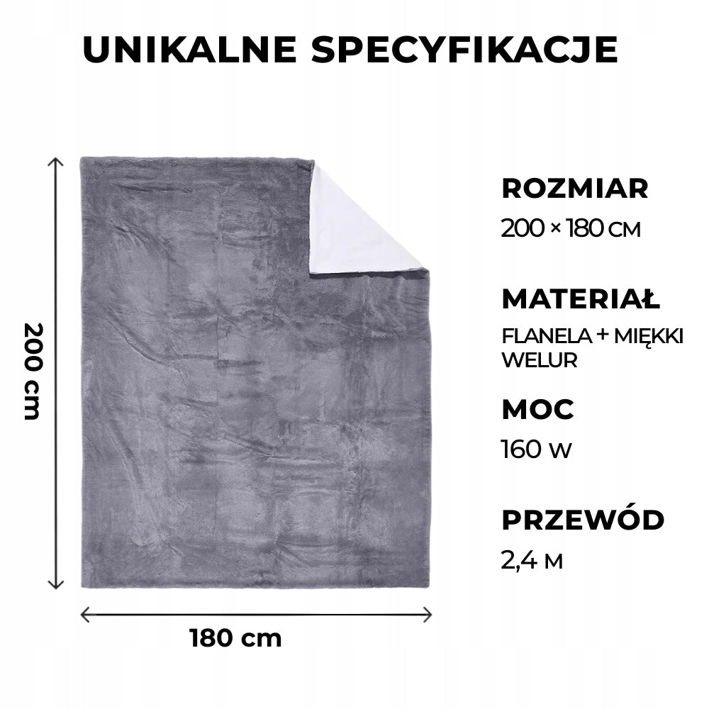 Koc elektryczny szary 200×180 cm, dwa sterowniki – zdjęcie 2